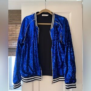 Blue Sequin Jacket with Black and White Trim